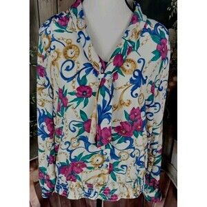 Alfred Dunner Blouse Size 10 Floral/StopWatch Long Sleeve Button Front Tie